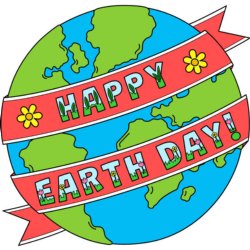 Earth with a ribbon around it says Happy Earth Day